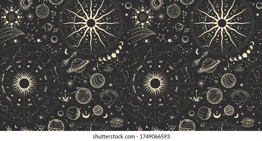 Vector illustration set of moon phases. Different stages of moonlight activity in vintage engraving style. Zodiac Signs