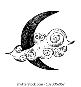 Vector illustration set of moon phases. Different stages of moonlight activity in vintage engraving style. Zodiac Signs