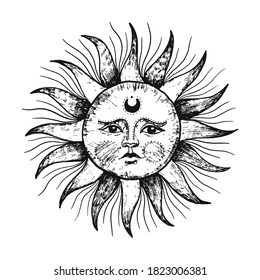 Vector illustration set of moon phases. Different stages of moonlight activity in vintage engraving style. Zodiac Signs
