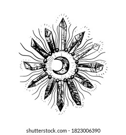 Vector illustration set of moon phases. Different stages of moonlight activity in vintage engraving style. Zodiac Signs