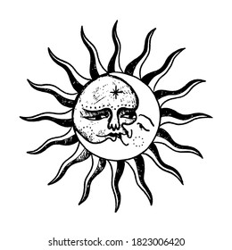 Vector illustration set of moon phases. Different stages of moonlight activity in vintage engraving style. Zodiac Signs