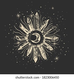 Ilustración vectorial de las fases de la luna. Diferentes etapas de actividad de la luna en estilo de grabado vintage. Signos Zodiac