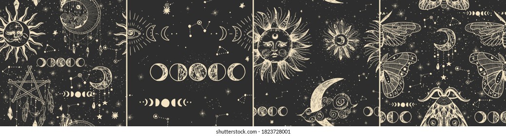 Vector illustration set of moon phases. Different stages of moonlight activity in vintage engraving style. Zodiac Signs