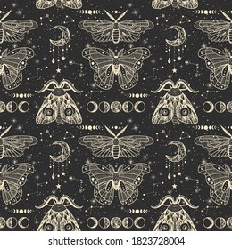 Vector illustration set of moon phases. Different stages of moonlight activity in vintage engraving style. Zodiac Signs