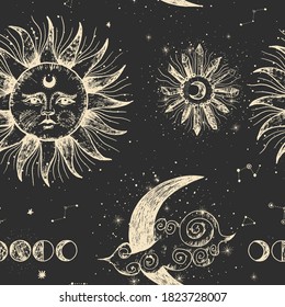 Vector illustration set of moon phases. Different stages of moonlight activity in vintage engraving style. Zodiac Signs