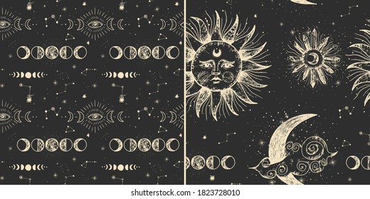 Vector illustration set of moon phases. Different stages of moonlight activity in vintage engraving style. Zodiac Signs