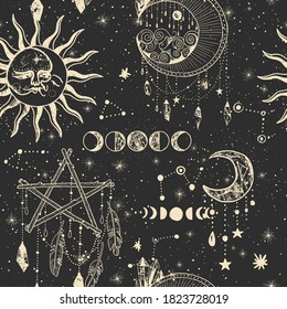 Vector illustration set of moon phases. Different stages of moonlight activity in vintage engraving style. Zodiac Signs