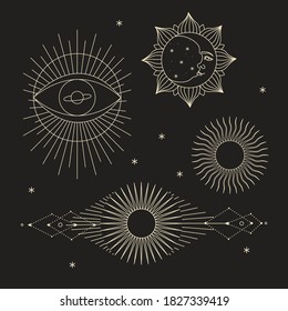 Vector illustration set of moon phases. Different stages of moonlight activity in vintage engraving style. Zodiac Signs