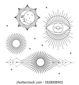 Vector illustration set of moon phases. Different stages of moonlight activity in vintage engraving style. Zodiac Signs