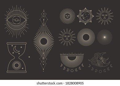 Vector illustration set of moon phases. Different stages of moonlight activity in vintage engraving style. Zodiac Signs
