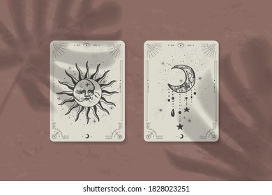 Vector illustration set of moon phases. Different stages of moonlight activity in vintage engraving style. Zodiac Signs