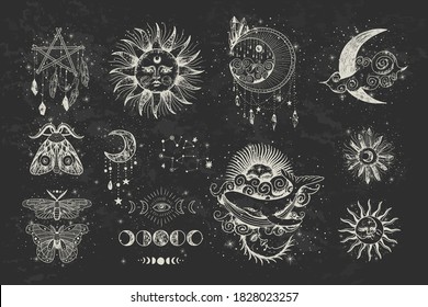 Vector illustration set of moon phases. Different stages of moonlight activity in vintage engraving style. Zodiac Signs