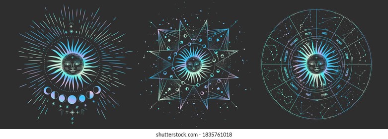Vektorgrafik-Satz von Mondphasen. Neuer Stil, holografischer Hintergrund, Trendschimmer. Unterschiedliche Stufen der Mondlicht-Aktivität im Vintage Gravierstil.