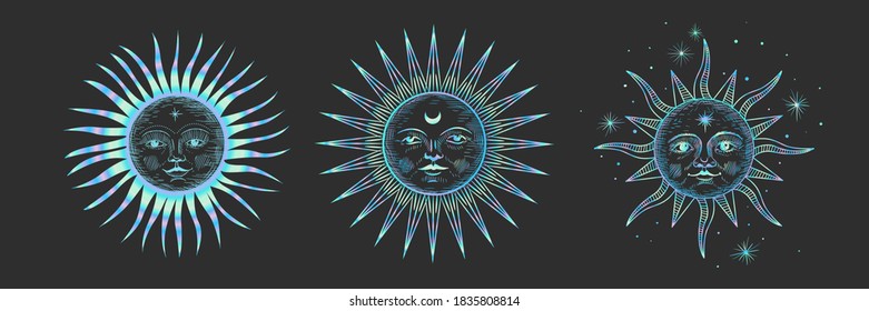 Ilustración vectorial de las fases de la luna. Nuevo estilo, fondo holográfico, brillo de tendencia. Diferentes etapas de actividad de la luna en estilo de grabado vintage.