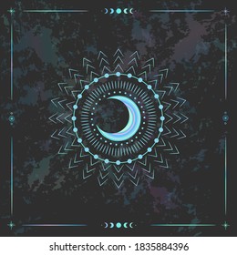 Vector illustration set of moon phases. New style, holographic background, trend shimmer. Different stages of moonlight activity in vintage engraving style.