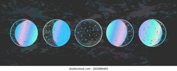 Vector illustration set of moon phases. New style, holographic background, trend shimmer. Different stages of moonlight activity in vintage engraving style.