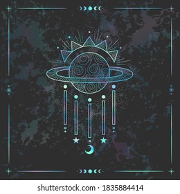 Vektorgrafik-Satz von Mondphasen. Neuer Stil, holografischer Hintergrund, Trendschimmer. Unterschiedliche Stufen der Mondlicht-Aktivität im Vintage Gravierstil.