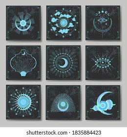 Vector illustration set of moon phases. New style, holographic background, trend shimmer. Different stages of moonlight activity in vintage engraving style.