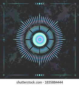 Vektorgrafik-Satz von Mondphasen. Neuer Stil, holografischer Hintergrund, Trendschimmer. Unterschiedliche Stufen der Mondlicht-Aktivität im Vintage Gravierstil.