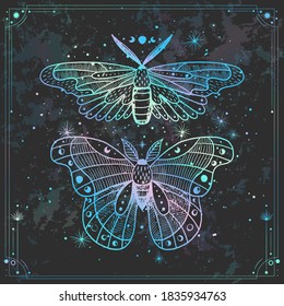 Ilustración vectorial de las fases de la luna. Nuevo estilo, fondo holográfico, brillo de tendencia. Diferentes etapas de actividad de la luna en estilo de grabado vintage.