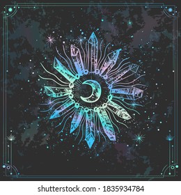 Ilustración vectorial de las fases de la luna. Nuevo estilo, fondo holográfico, brillo de tendencia. Diferentes etapas de actividad de la luna en estilo de grabado vintage.