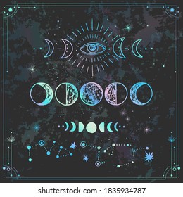 Vector illustration set of moon phases. New style, holographic background, trend shimmer. Different stages of moonlight activity in vintage engraving style.