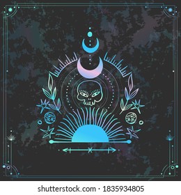 Vector illustration set of moon phases. New style, holographic background, trend shimmer. Different stages of moonlight activity in vintage engraving style.