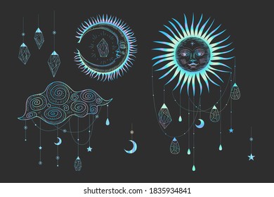 Vector illustration set of moon phases. New style, holographic background, trend shimmer. Different stages of moonlight activity in vintage engraving style.