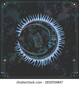 Vector illustration set of moon phases. New style, holographic background, trend shimmer. Different stages of moonlight activity in vintage engraving style.