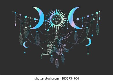 Ilustración vectorial de las fases de la luna. Nuevo estilo, fondo holográfico, brillo de tendencia. Diferentes etapas de actividad de la luna en estilo de grabado vintage.