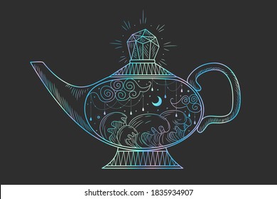 Vector illustration set of moon phases. New style, holographic background, trend shimmer. Different stages of moonlight activity in vintage engraving style.