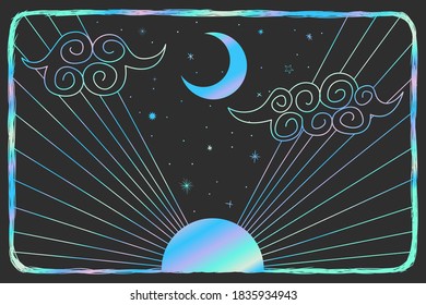 Vector illustration set of moon phases. New style, holographic background, trend shimmer. Different stages of moonlight activity in vintage engraving style.