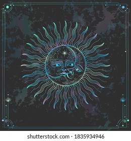 Ilustración vectorial de las fases de la luna. Nuevo estilo, fondo holográfico, brillo de tendencia. Diferentes etapas de actividad de la luna en estilo de grabado vintage.