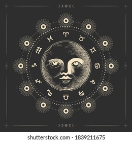 Vector illustration set of moon phases. Different stages of moonlight activity in vintage engraving style. Zodiac Signs