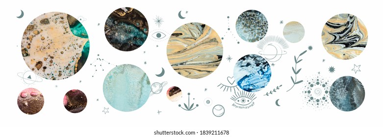 Vector illustration set of moon phases. Different stages of moonlight activity in vintage engraving style. Zodiac Signs