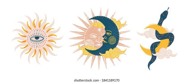 Vector illustration set of moon phases. Different stages of moonlight activity in vintage engraving style