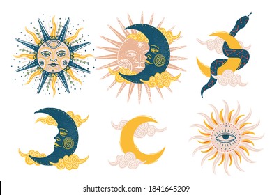 Vector illustration set of moon phases. Different stages of moonlight activity in vintage engraving style
