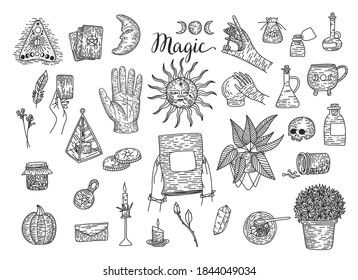 Vector illustration set of moon phases. Different stages of moonlight activity in vintage engraving style. Zodiac Signs