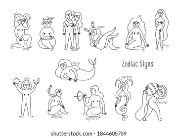 Vector illustration set of moon phases. Different stages of moonlight activity in vintage engraving style. Zodiac Signs