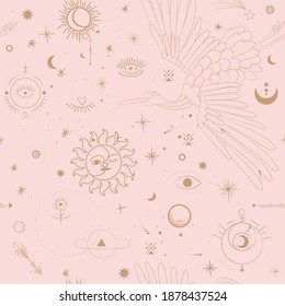 Vector illustration set of moon phases. Different stages of moonlight activity in vintage engraving style. Zodiac Signs