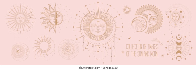 Vector illustration set of moon phases. Different stages of moonlight activity in vintage engraving style. Zodiac Signs