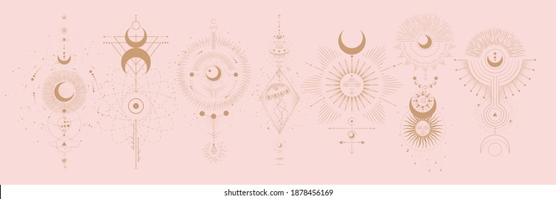 Vector illustration set of moon phases. Different stages of moonlight activity in vintage engraving style. Zodiac Signs