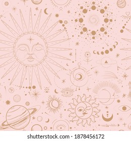 Vector illustration set of moon phases. Different stages of moonlight activity in vintage engraving style. Zodiac Signs