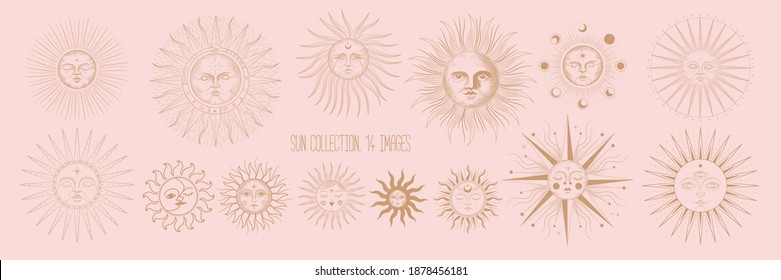 Vector illustration set of moon phases. Different stages of moonlight activity in vintage engraving style. Zodiac Signs