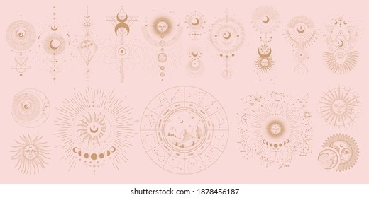 Vector illustration set of moon phases. Different stages of moonlight activity in vintage engraving style. Zodiac Signs