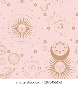 Vector illustration set of moon phases. Different stages of moonlight activity in vintage engraving style. Zodiac Signs