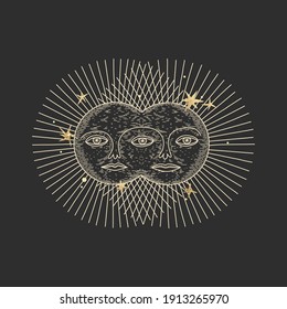 Vector illustration set of moon phases. Different stages of moonlight activity in vintage engraving style. Zodiac Signs