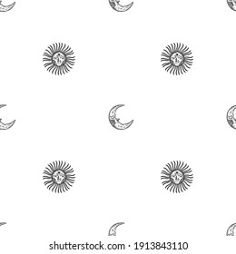 Vector illustration set of moon phases. Different stages of moonlight activity in vintage engraving style. Zodiac Signs, shining crystals, female hand