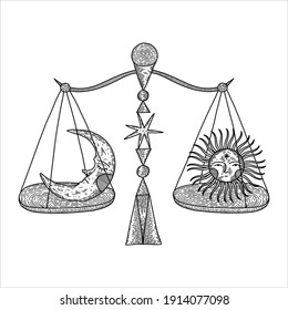 Vector illustration set of moon phases. Different stages of moonlight activity in vintage engraving style. Zodiac Signs, shining crystals, female hand