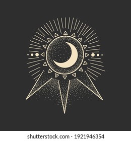 Vector illustration set of moon phases. Different stages of moonlight activity in vintage engraving style. Zodiac Signs